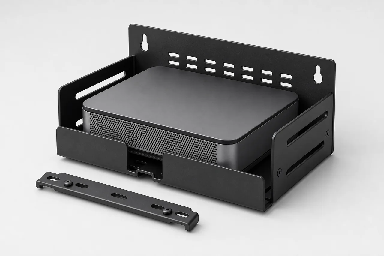 Concept visualization of a ventilated custom bracket for a mini PC or router
